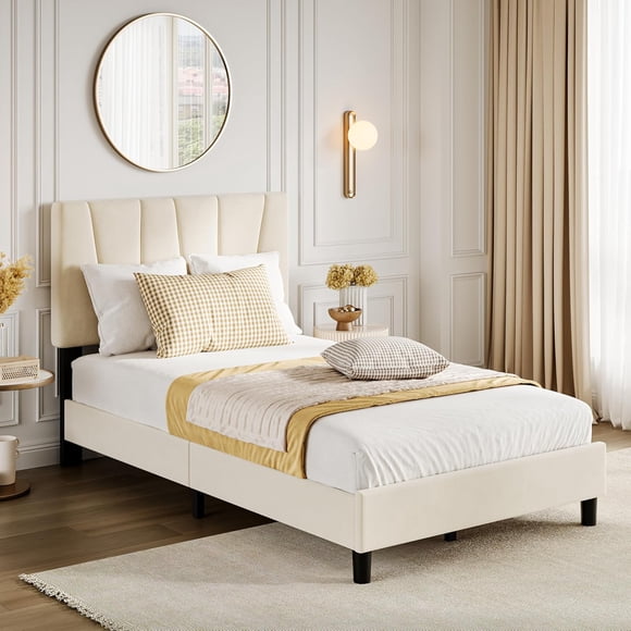 Cadre de Lit avec Tête de Lit Ajustable, Lit Plateforme Capitonné Rembourré en Velours Sans Sommier Requis (Beige (Finition Mate Veloutée), Double)