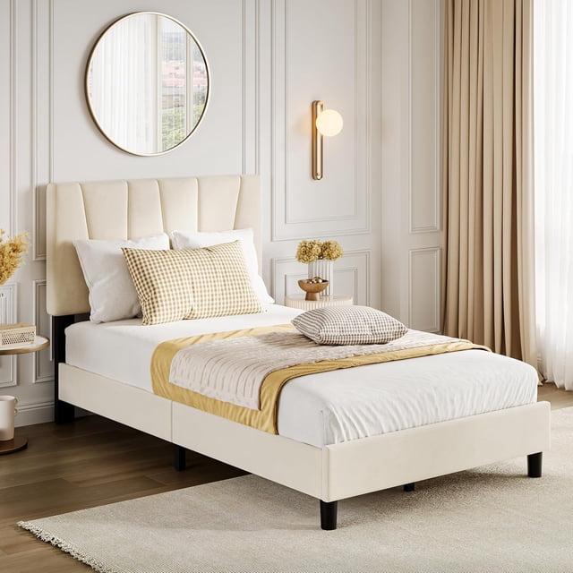 Bed Frame with Headboard Adjustable, Velvet Upholstered Tufted Platform Bedframe No Box Spring Needed (Beige(Velvety Matte Finish), Full)