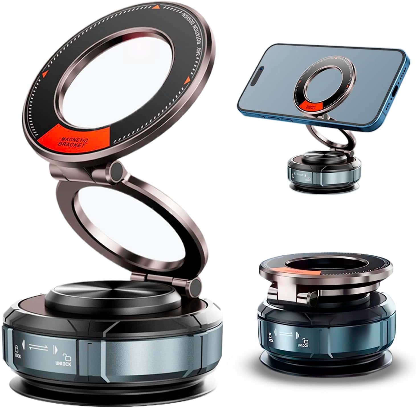 360° Adjustable Vacuum Suction Magnetic Phone Mount, 2025 Zinc Alloy Phone Stand for MagSafe Suction Car Mount for iPhone 16/15/14/13/12/Android, Cell Phone Holders for Your Car/Home/Travel