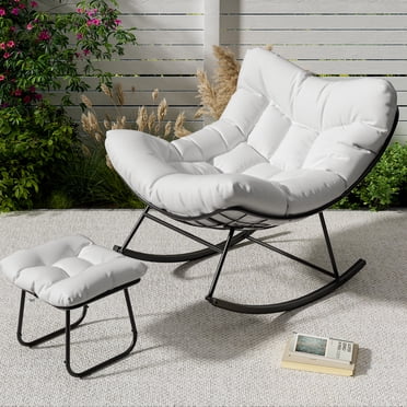 AKDSteel Patio Rocking Chair, Outdoor Oversized Papasan Rocker With Ottoman, 450lb Capacity All-Weather Pe Rattan Egg Chair For Porch, Backyard And Balcony