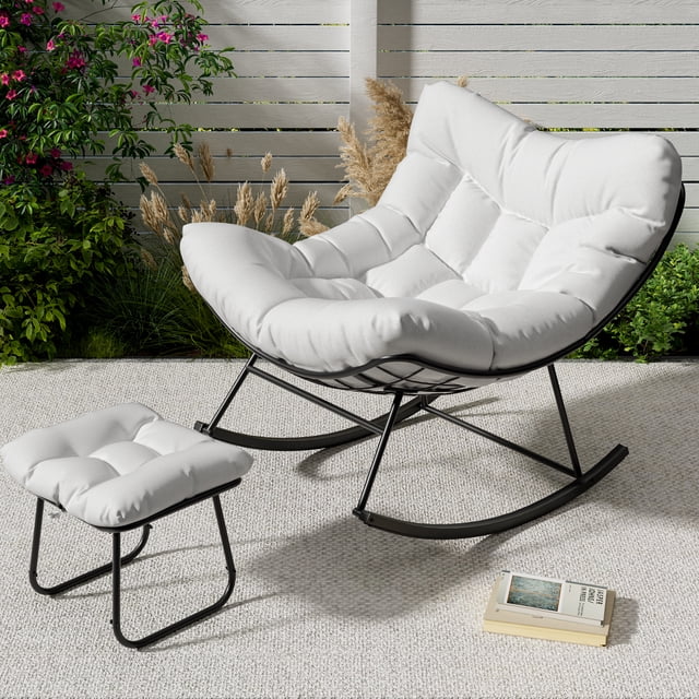 Oversized Papasan Rocking Chair with Footrest, 350Lbs Capacity Indoor/Outdoor Rocker, Metal Frame & Waterproof Cushion, Adjustable Patio Lounge Chair Rattan Egg Rocker