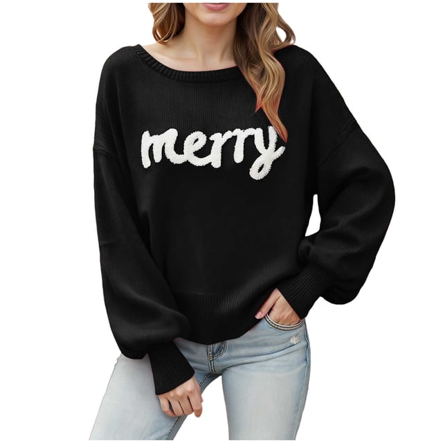 WUANDIXFA Chandails d'Automne pour Femmes 2025 Chandails pour Femmes Noël Automne Hiver Manches Longues Col Ras du Cou Haut Festif Chandails à Enfiler pour Femmes Noir, TG