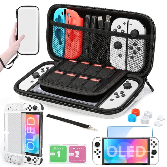 Carrying Case for Switch OLED, 11 in 1 Accessories Kit for Nintendo Switch OLED with Transparent Hard Protective Case, HD Switch Screen Protector and Thumb Grip Caps