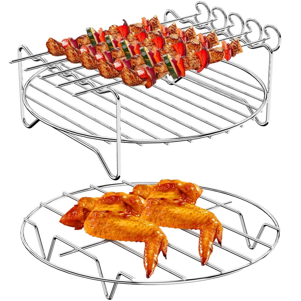 MesaSe 304 Stainless Steel Air Fryer Accessories with 5 Barbecue Sticks Set Of 2 Non-stick Air Fryer Rack for Most 5.3-5.8 QT Air Fryers Ovens