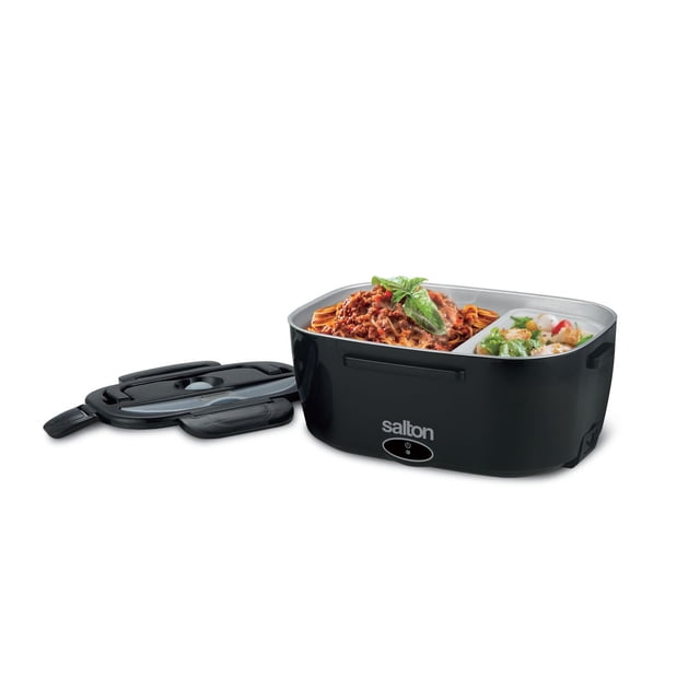 Salton Portable Electric Lunchbox SP2111 1.5L in black with removable stainless steel divided insert holding spaghetti with meat sauce and mixed vegetable salad, featuring a snap-tight lid with utensil compartment and front power button, suitable for warming meals at home, office, or in a vehicle.