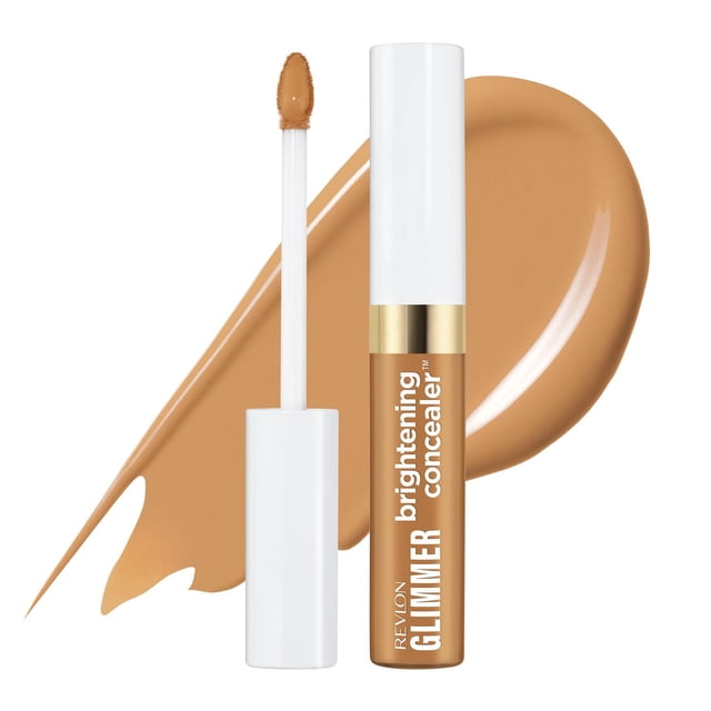 Glimmer Brightening Concealer™ by Revlon with buildable coverage, showing a white cap applicator wand and medium tan concealer swatch behind, designed to brighten and colour correct under-eyes and high points of the face with seamless blending for various skin tones.