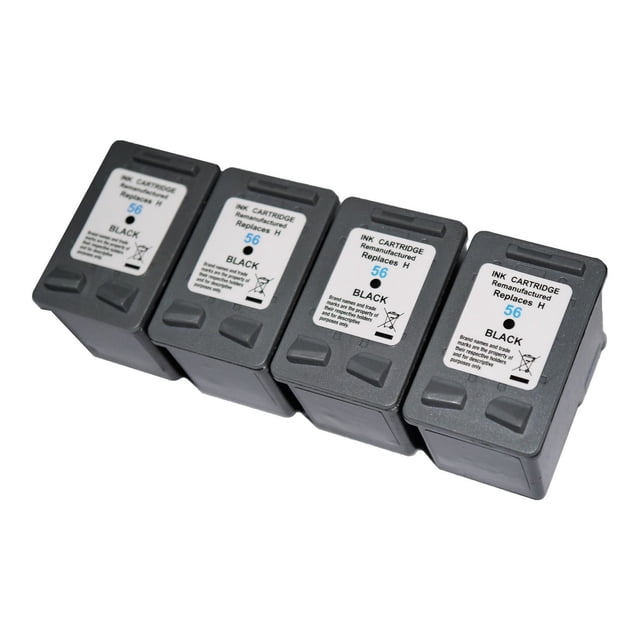 L-ink Remanufactured Ink cartridge x4 CHP-56BK4PK with four black ink cartridges in matte dark gray plastic casings, labeled 'Replaces 56' and 'Black', compatible with multiple HP printers and ideal for economical printing supplies.