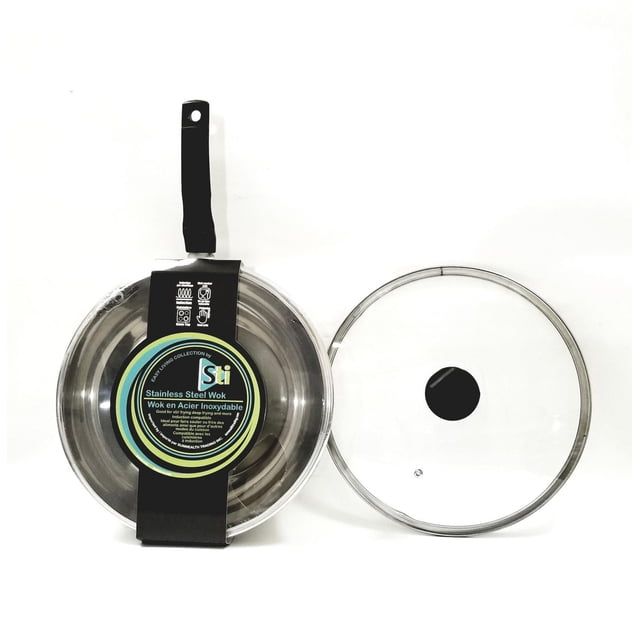 Sti stainless steel wok with black handle and glass lid, shown from top view on white background, featuring a round label indicating compatibility with various stove types and dishwasher safe, ideal cookware for stir frying and everyday cooking.
