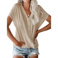 thumbnail image 4 of Women Solid Color V Neck Batwing Sleeve Cross Drape Front Buttons T-Shirt, 4 of 5
