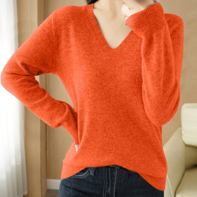 asjyhkr Tops For Women Long Sleeve Knit Cotton V Neck Sweater Pullover Basic T Shirts Solid Color