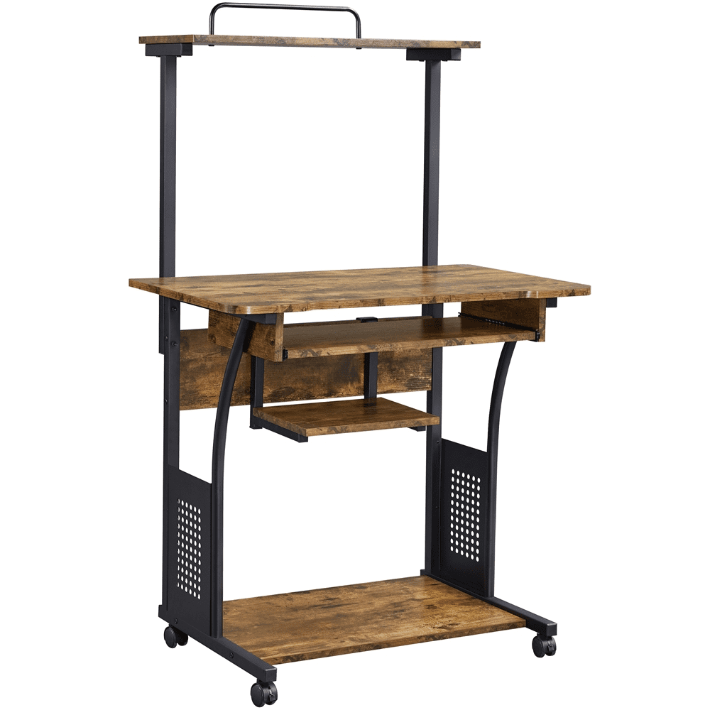 FullFurnique Rolling 3-Tier Computer Desk with Detachable Top Shelf, Rustic Brown