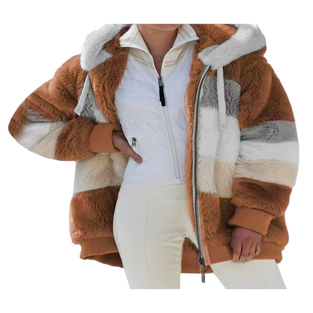 Women Fuzzy Fleece Hooded Coat Open Front Color Block Fluffy Hoodies Jacket Outwear with Pockets