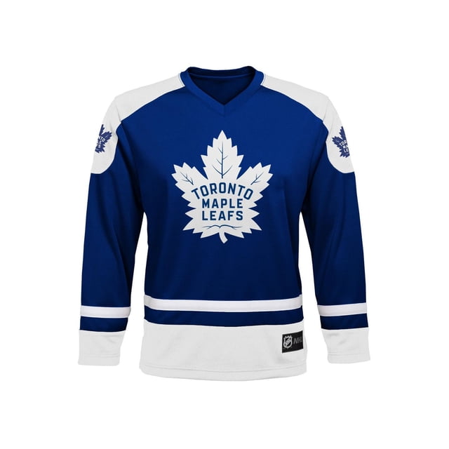 Boys NHL Team Jersey in blue and white polyester mesh with embroidered Toronto Maple Leafs logos on the chest and sleeves, V-neck collar with neck taping, and sewn NHL jock tag on the lower front, designed for youth sizes S/M and L/XL.