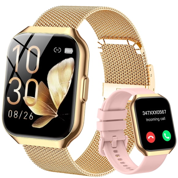 Refurbished Tikland Smart Watch for Women, 1.96-Inch HD Display, Gold Stainless Steel Strap