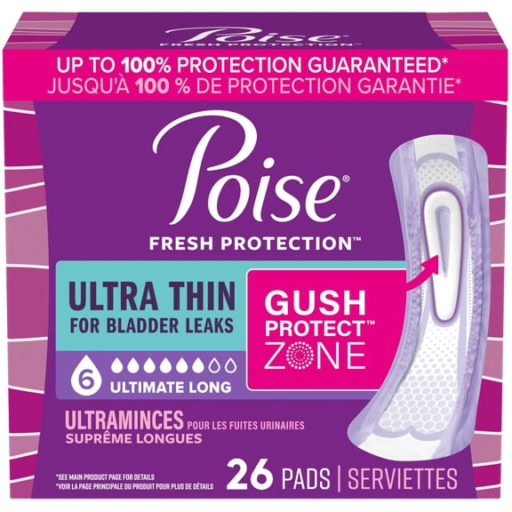 Poise Ultra Thin Incontinence Pads for Women, 6 Drop, Ultimate Absorbency, Long, 26Ct