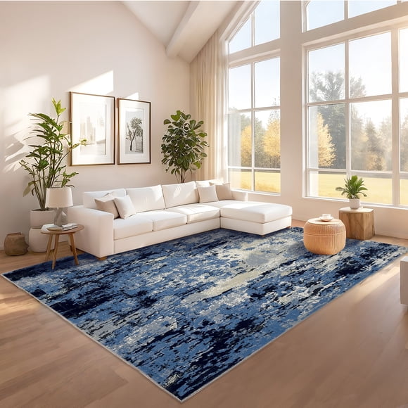 Nanan Tapis Moderne Abstrait Usé 8 Pieds X 10 Pieds, Lavable à la Machine, Poil Ras, Antidérapant, Tapis Décoratif pour Chambre, Salle de Jeux, Salon, Bleu