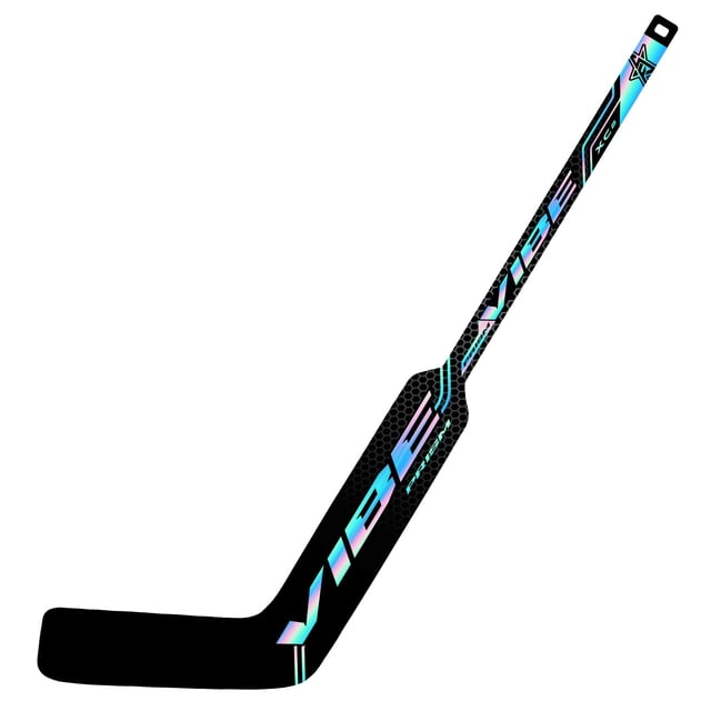 VIBE Mini Hockey Goalie Stick - Prism XC2 Composite - 25" with a black composite shaft and goalie-specific blade featuring holographic prism graphics and bold VIBE branding, ideal for mini hockey play in basements or hallways.