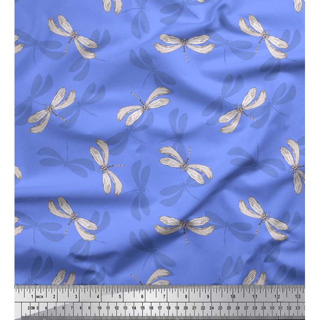 Soimoi Blue Moss Georgette Fabric Shadow & Dragonfly Insect Printed Craft Fabric by the Yard 42 Inch Wide