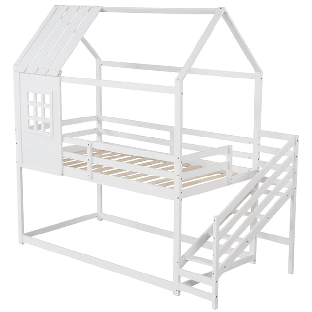 Costway Lit Superposé Double Style Maisonnette avec Escaliers, Toit, Rampes et Fenêtre, Garde-Corps Pleine Longueur