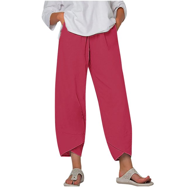 Timegard Plus Size Pants for Women Elastic Waist Solid Color Comfy Fall Casual Crop Pants with Pockets