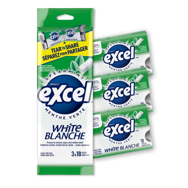 EXCEL Wht, M. verte, gomme sans sucre, blanch. dents, 18 morc., 3 emb