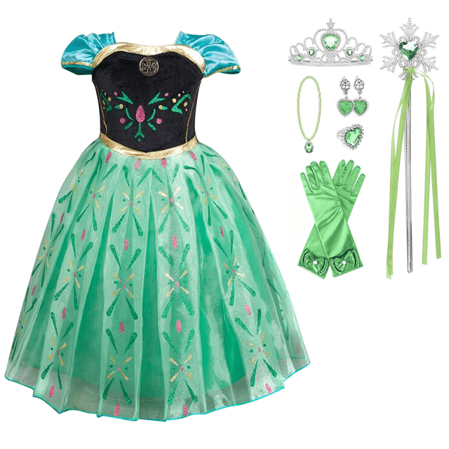 HAWEE Robe de Princesse pour Fille Costume d'Anna à Manches Courtes, Motif floral et Jupe Trapèze patchwork. Fabriquée en Coton polyester, organza en Maille et Cristal Artificiel, Cette Robe Verte et Noire Présente des accents Dorés sur l'Encolure et la Taille. Comprend des Accessoires comme un Diadème, une Baguette, des Gants, un Collier et des Boucles d'Oreilles, Idéale pour les Anniversaires, l'Halloween, le cosplay Ou les Événements à Thème.