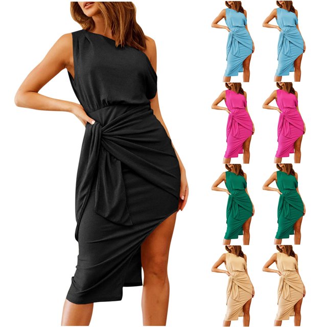Yuyuzo Robes de Cocktail pour Femmes Robe Midi Sans Manches à une Épaule avec Fronces Latérales