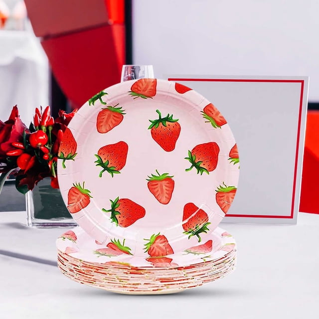 RKSTN disposable tableware Strawberry Party Theme Tableware Set Disposable Decorative Tableware Paper Set