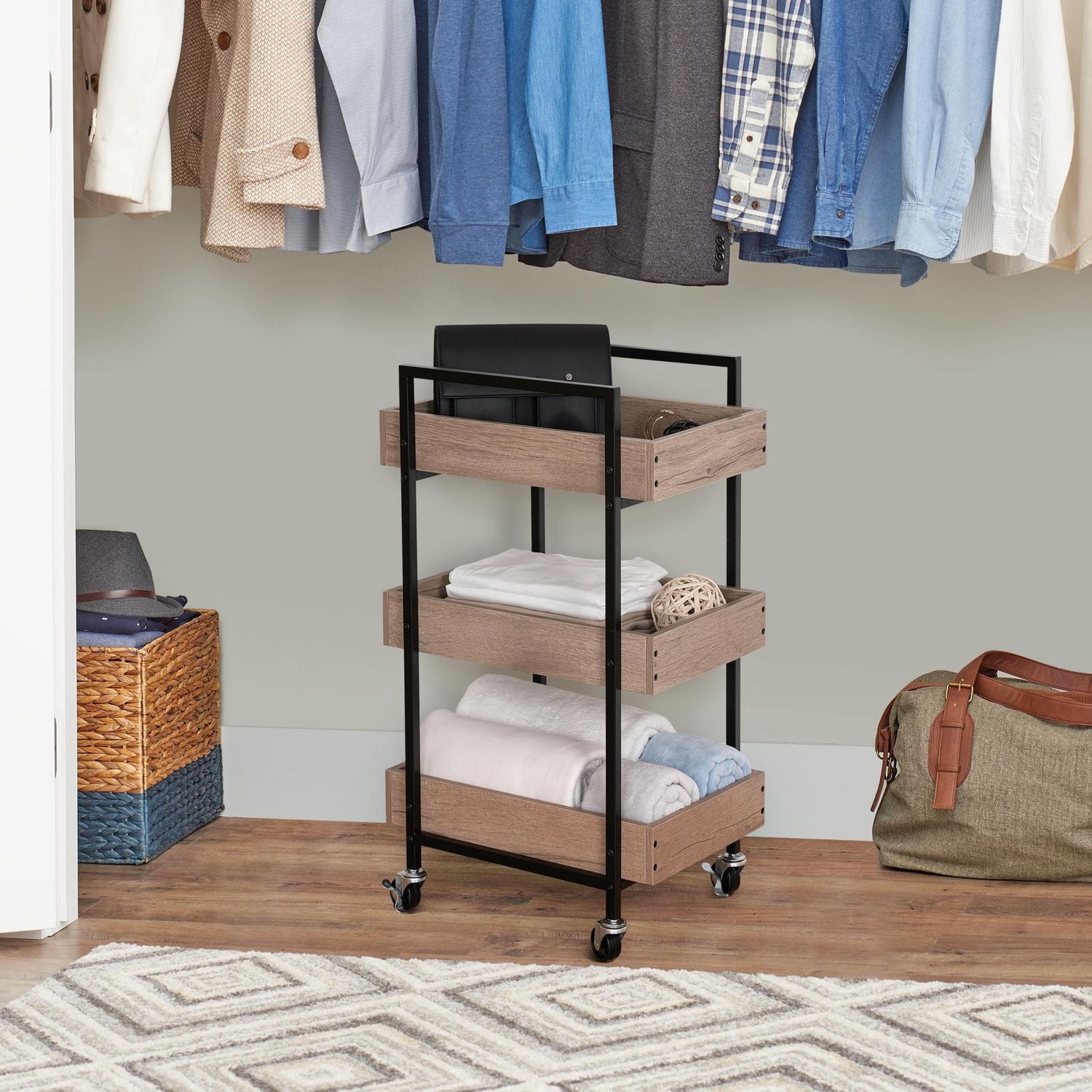 Better Homes & Gardens 3-Tier bois et acier rouler chariot utilitaire; Cadre en métal Durable; Chêne naturel et finition métal noir