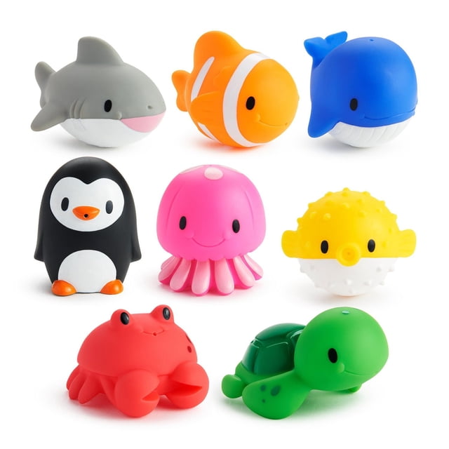 Munchkin Ocean Squirts Bath Toy, 8 Pack with eight colorful floating ocean animal squirters including a gray shark, orange clownfish, blue whale, black and white penguin, pink jellyfish, yellow pufferfish, red crab, and green turtle, sized for infant hands to grasp and squeeze during bath time.