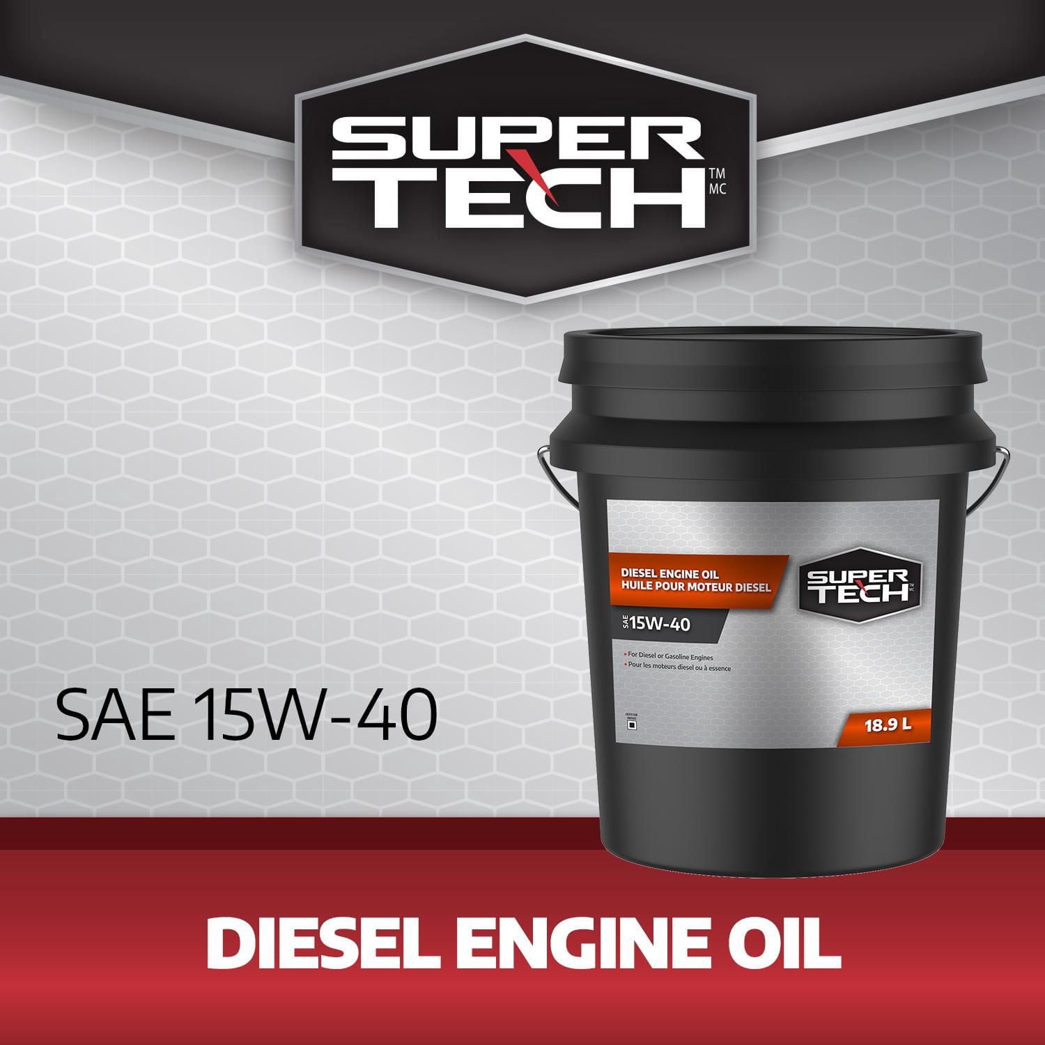 Huile moteur diesel SuperTech 15W40, seau,18.9L