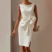 Sleeveless Dress, Women's Midi Satin Dress with Pockets, Round Neck Casual Summer Dress