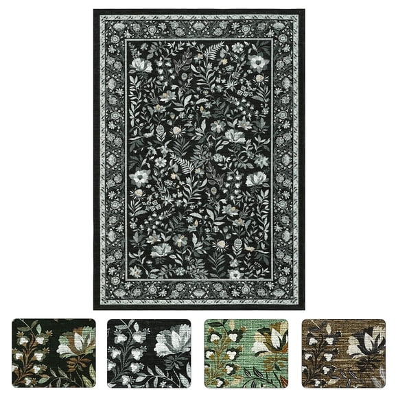 5×7ft Modern Floral Border Washable Area Rug,Stain-Resistant Low-Pile Non-Slip Non-Shedding Throw Rugs,Foldable Indoor Carpet for Living Room,Bedroom,Kitchen,Office and Entryway