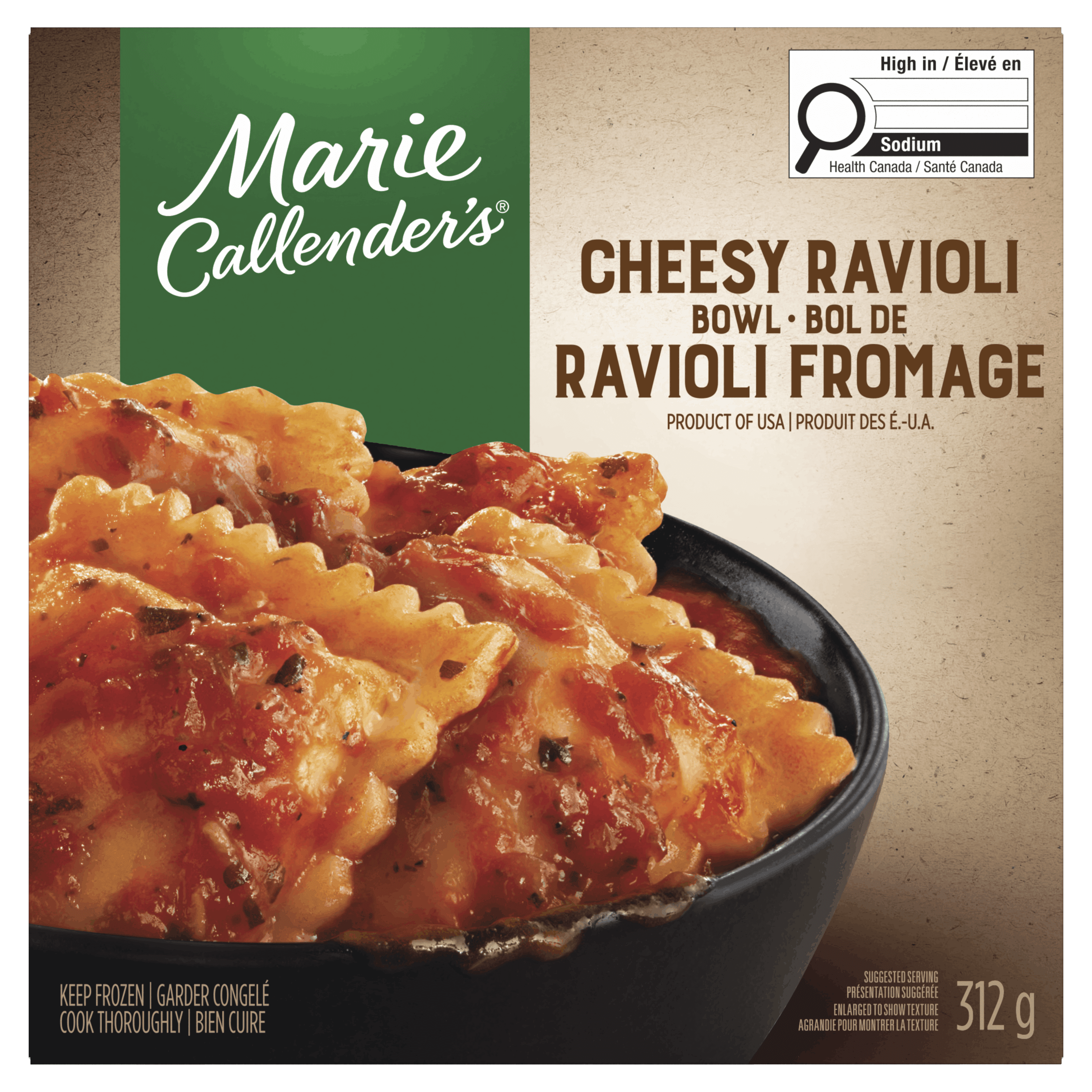 Marie Callender’s Cheesy Ravioli Bowl Frozen Dinner, Ravioli Stuffed with Ricotta Style Cheese, Mozzarella, Parmesan, and Romano Cheeses in Marinara Sauce, Frozen Meal, 312g
