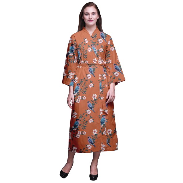 Bimba Robe de Chambre pour Femmes Orange Moyenne Bird Blossom & Robin Peignoir Long Mariée Préparation Chemise Imprimée Peignoir de Bain Filles P