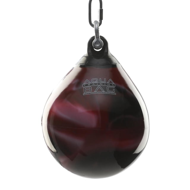 15" 75lb. ATB Training Bag - Blood Red teardrop-shaped water-filled punching bag with a glossy blood red and black swirl vinyl surface, hanging from a metal shackle and carabiner, ideal for boxing, MMA, and fitness training.