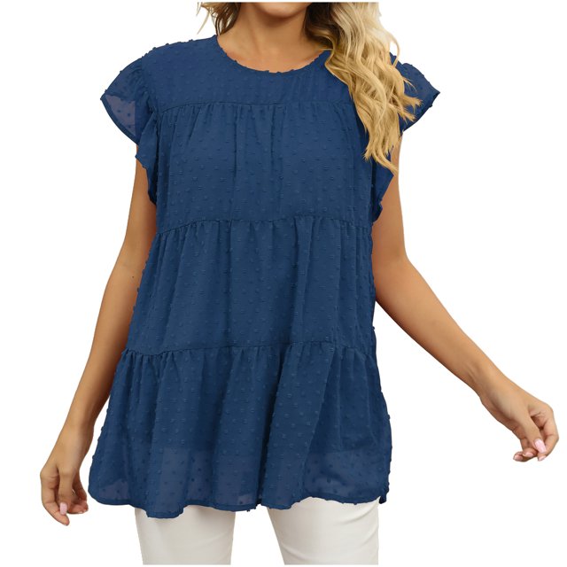 Timegard Hauts pour Femmes Manches Courtes en Chiffon Blouse Ample Légère Col Rond Été Plage Vacances Hauts