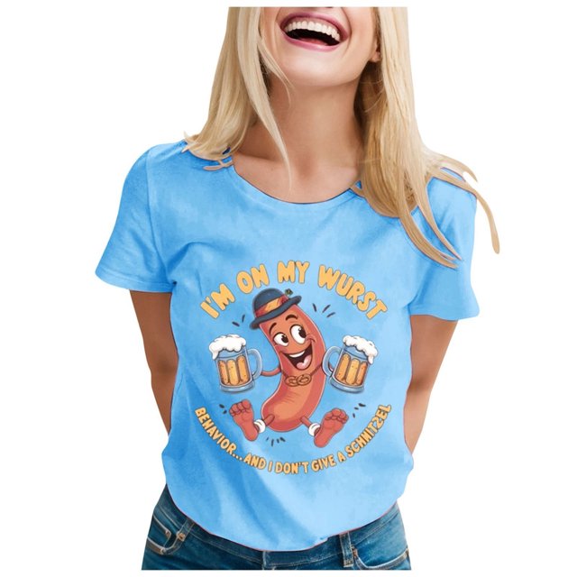 LUOGENLI T-shirts pour Femmes Mode Décontractée Imprimé Col Rond Manches Courtes pour l'Été Amusant T-shirts Graphiques Saint-Valentin Bleu Ciel m