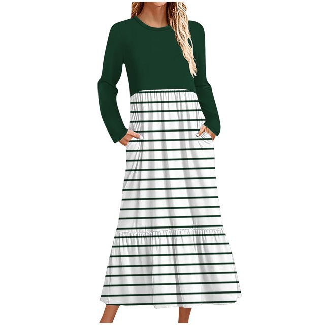cfhntfmh Robes Maxi pour Femmes Automne Col Rond Manches Longues Robe Rayée Robe Tendance à Blocs de Couleur Robe de Détente avec Poches