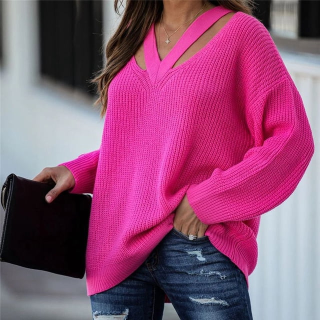 EGNMCR Cardigans pour Femmes, Chandails pour Femmes Mode Femmes Couleur Unie Manches Longues Chandail Col en V Décontracté Hauts de Chandail Femmes Chandail