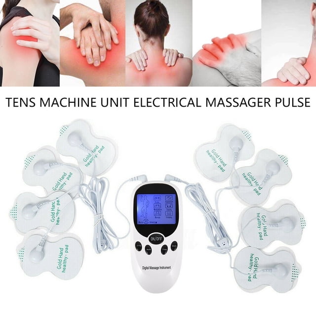 Electrical Massager Pulse Muscle Stimulator, a rechargeable electronic pulse massager with 8 electrode pads and a digital display. The device features six massage modes, including strobe, acupuncture, manipulation, cupping, massage, and scrapping, designed for back and shoulder pain relief. The compact white ABS unit includes a blue backlit display, button controls, and dual channels for simultaneous use. Accessories include 8 electrode pads, 2 four-way electrode wires, an Android USB cable, and a user manual. Suitable for relieving pain, promoting blood circulation, and improving muscle performance.