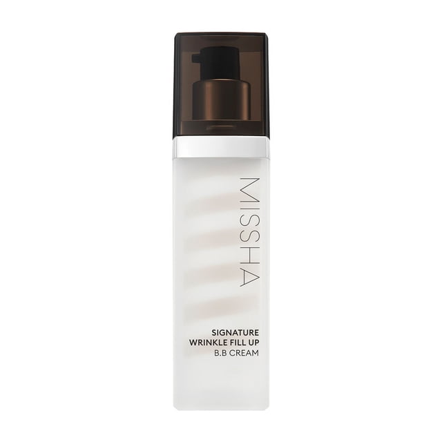 MISSHA Signature Wrinkle Fill Up BB Cream 44g - No.21 in a frosted pump bottle with a dark brown cap. This BB cream offers skincare and makeup benefits, smoothing wrinkles and delivering a radiant, natural finish.