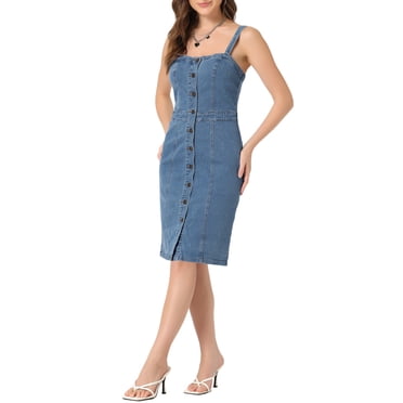 INSPIRE CHIC Button Down Denim Dress for Women's Sleeveless Sweetheart Neck Jeans Dresses Light Blue S