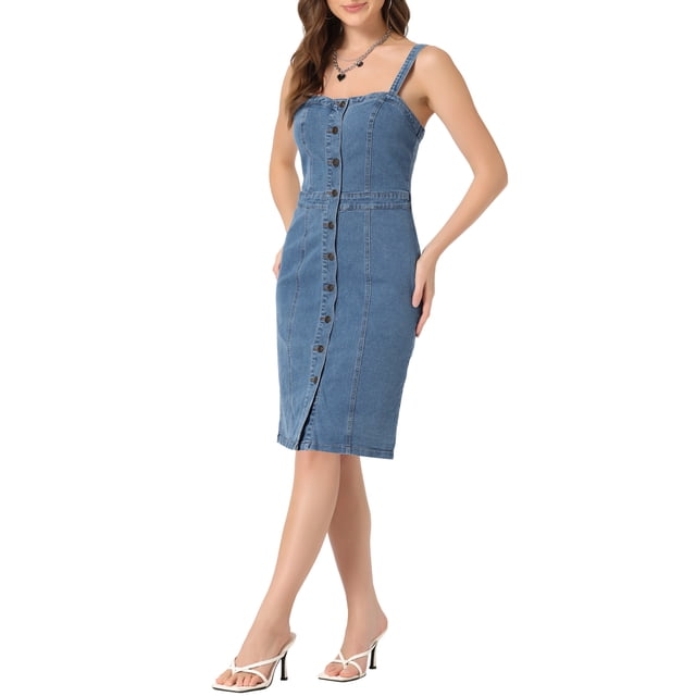 INSPIRE CHIC Robe en Denim à Boutons pour Femme Sans Manches à Encolure Cœur Robes en Jean Bleu Pâle L
