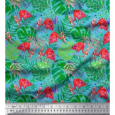 Soimoi Rayon Fabric Tropical Leaves & Flamingo Bird Decor Fabric Printed Yard 56 Inch Wide
