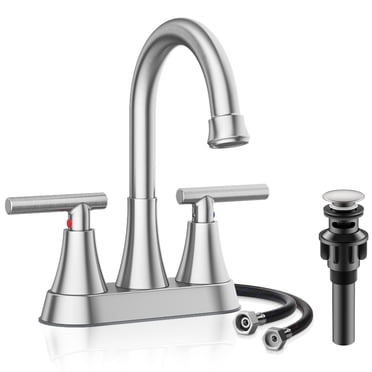 KINGTACK Bathroom Faucets, 4 inch Bathroom Faucets with Pop-up Drain and 2 Supply Hoses, Fits 2 or 3-hole Sink, Brushed Nickel