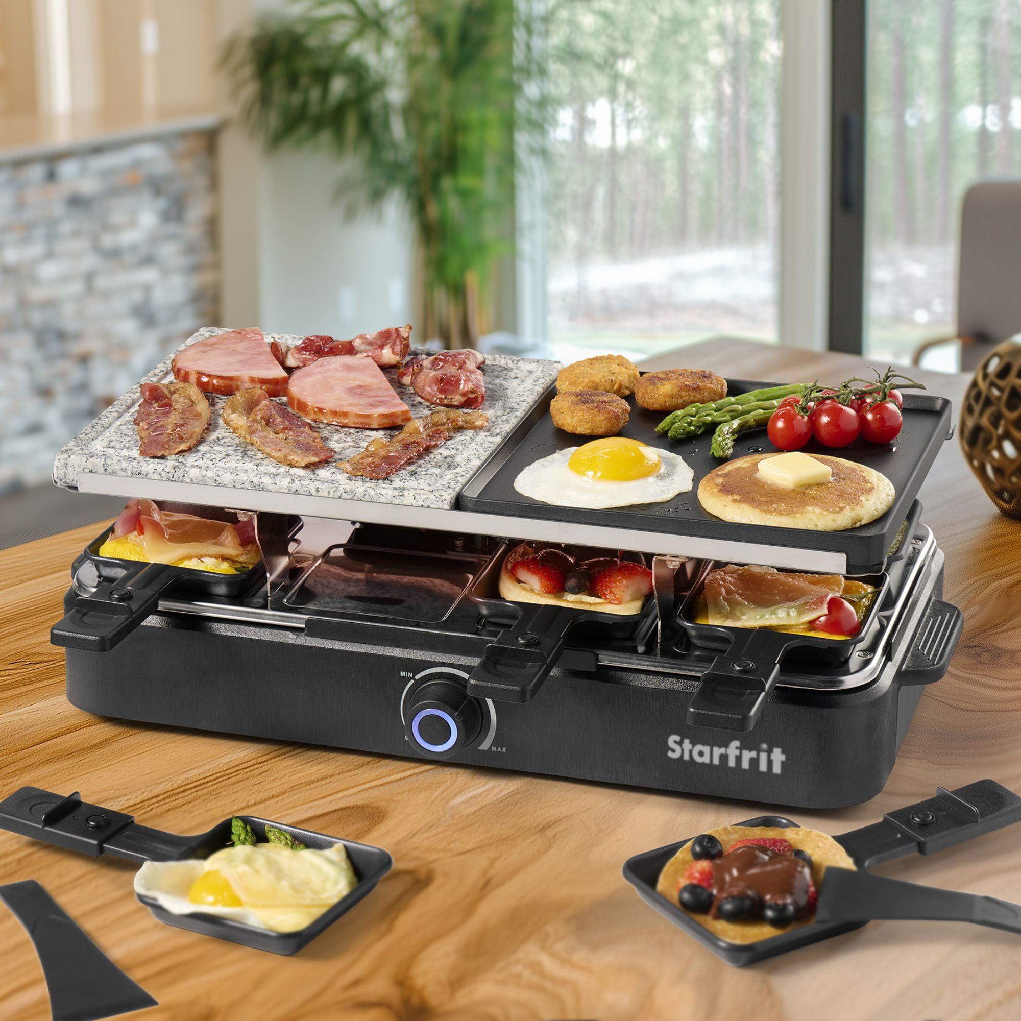 Starfrit 8-Person Raclette Party Grill, 2-in-1 Die-Cast Aluminum & Cooking Stone, Adjustable Temperature, 8 Spatulas & Dishes, 1300W, Hand Wash, Black