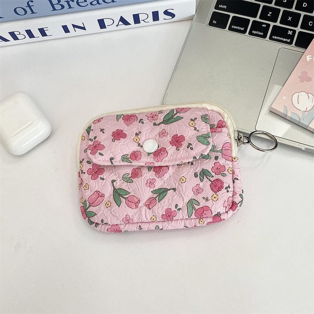 Cute Cartoon Floral Quilted Coin Purse Mini Canvas Wallet Multi-Functional Storage Bag Women Makeup Lipstick Bags Jewelry Packing Bag