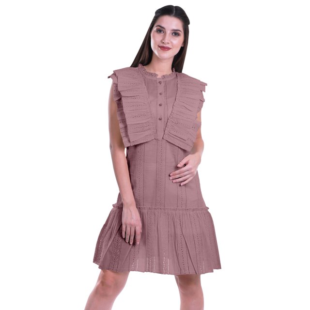 Moomaya Womens Ruffle Sleeve A,Line Schiffli Dress Solid Designer Party Dress