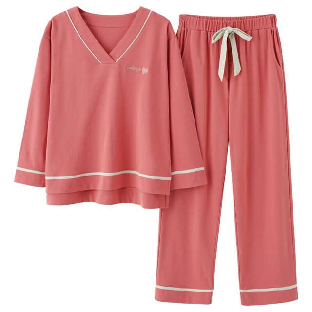 REDHOTYPE Nouveaux Pyjamas en Coton Doux pour Femmes 2 Pcs Grande Taille 3TG Simple Manches Longues Décontracté